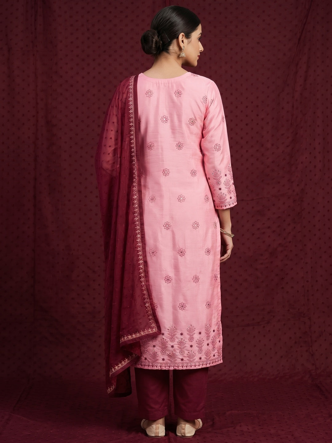 Pink Floral Embroidered Art Silk Dress Material - Image 2
