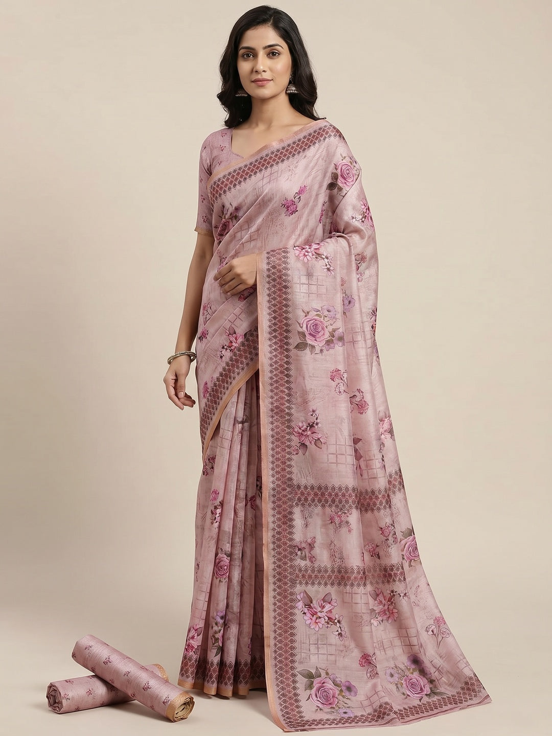 Mauve Floral Printed Pure Cotton Saree - Image 1