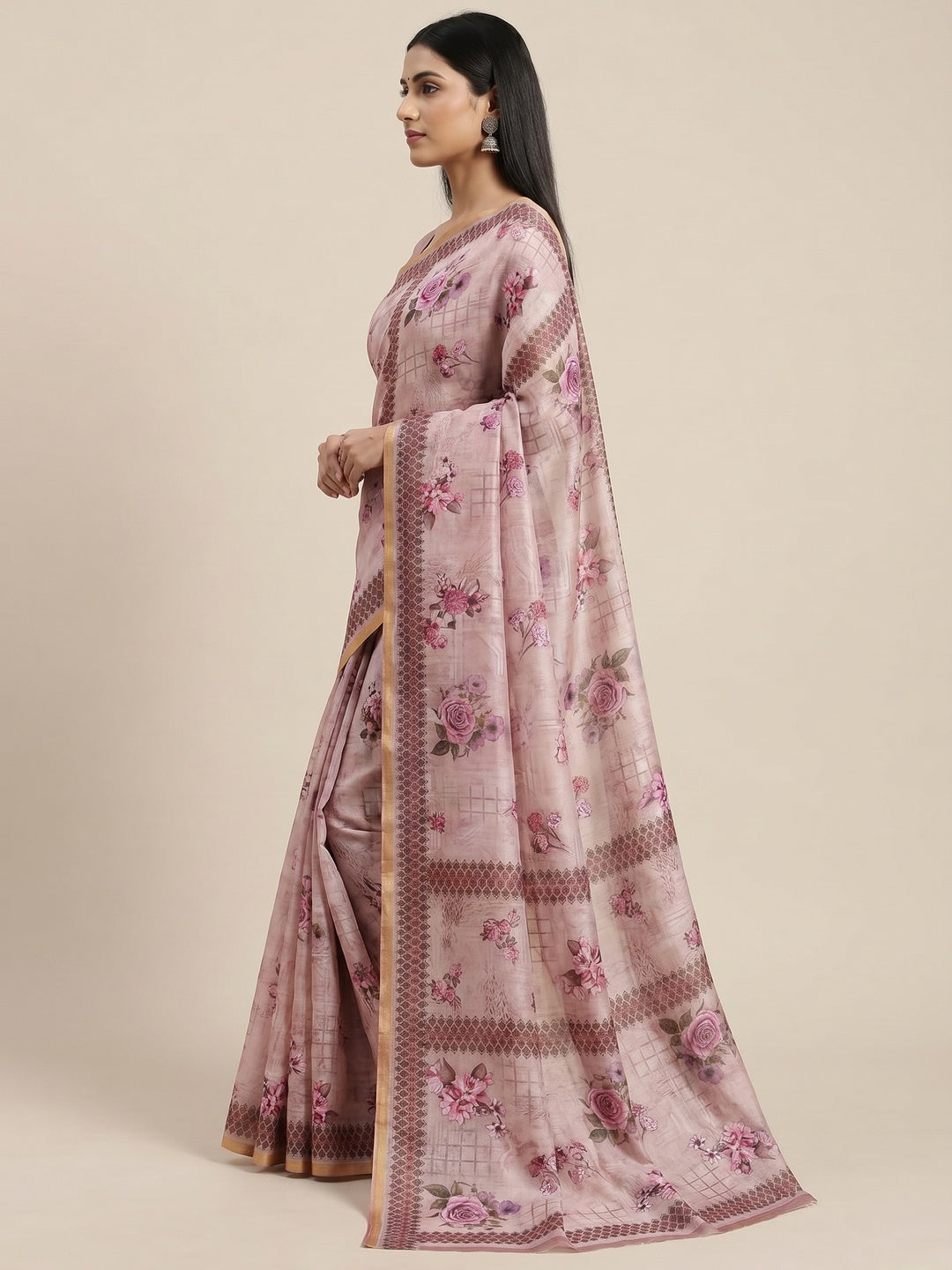Mauve Floral Printed Pure Cotton Saree - Image 3