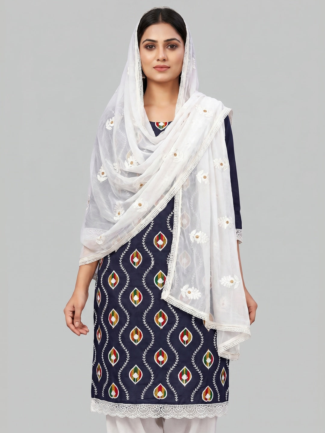 Navy Blue Floral Embroidered Pure Cotton Dress Material - Image 1