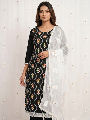 Black Floral Embroidered Pure Cotton Dress Material - Image 1