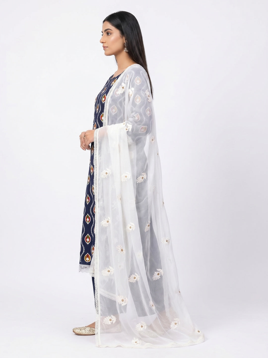 Navy Blue Floral Embroidered Pure Cotton Dress Material - Image 2