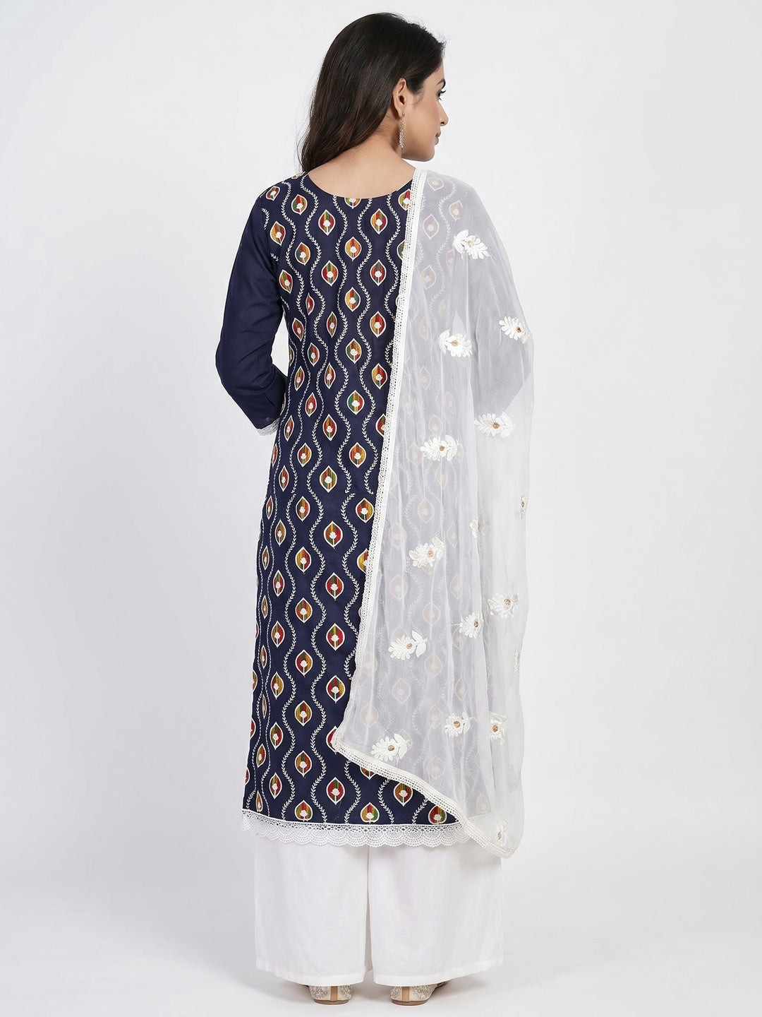 Navy Blue Floral Embroidered Pure Cotton Dress Material - Image 3