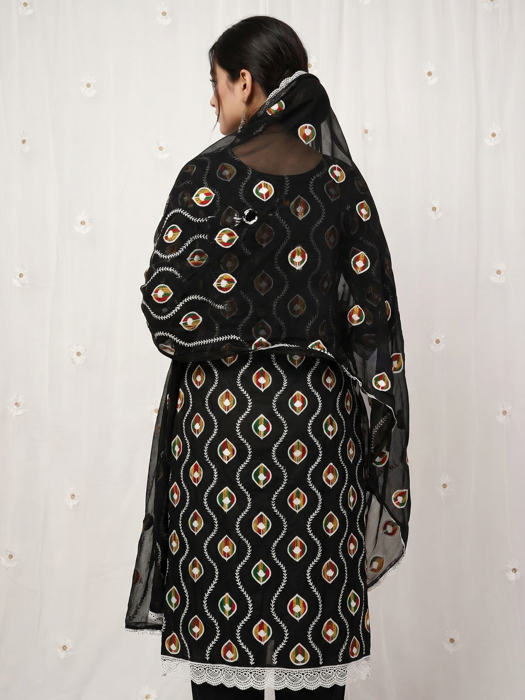 Black Floral Embroidered Pure Cotton Dress Material - Image 2