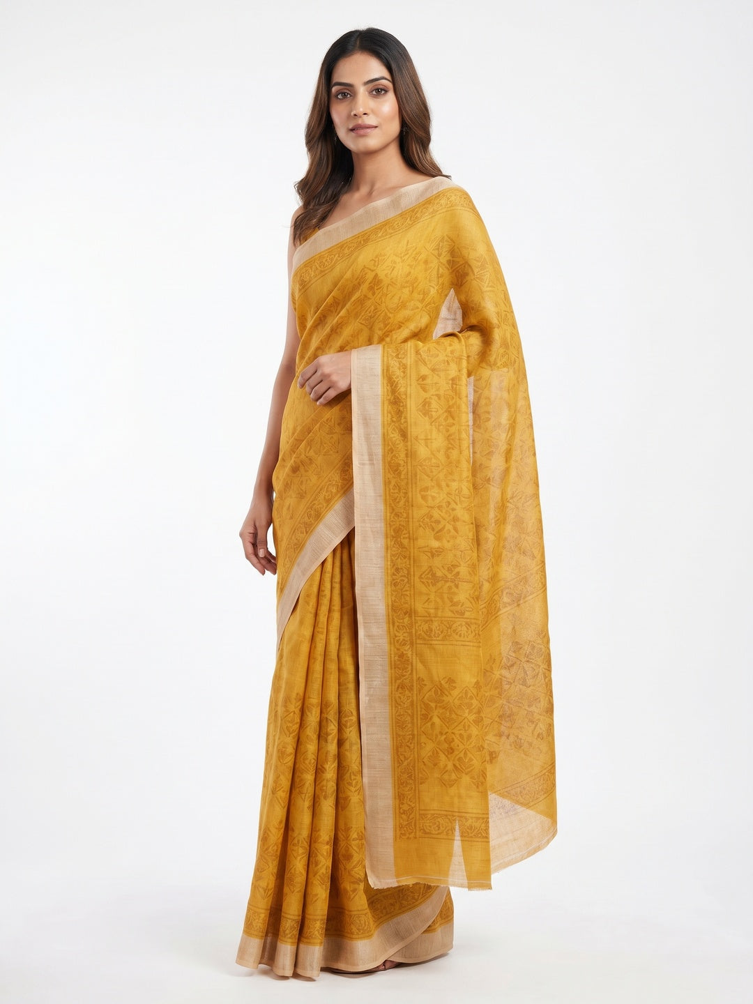 Yellow Floral Printed Linen Saree - Image 1