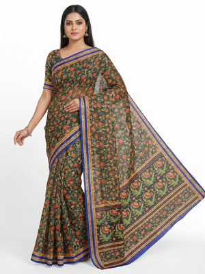 Green Floral Printed Pure Cotton Saree - Image 1
