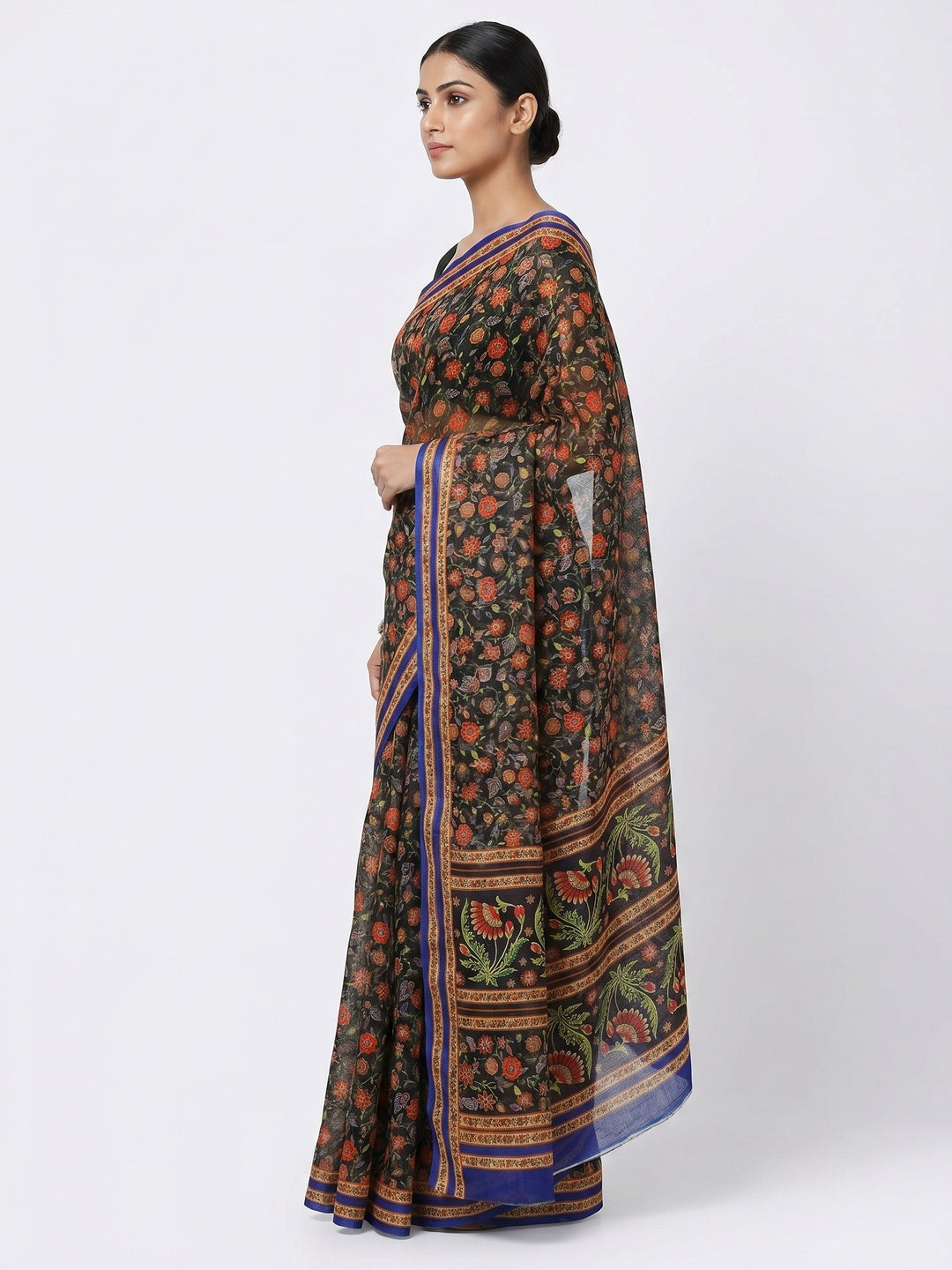 Green Floral Printed Pure Cotton Saree - Image 3