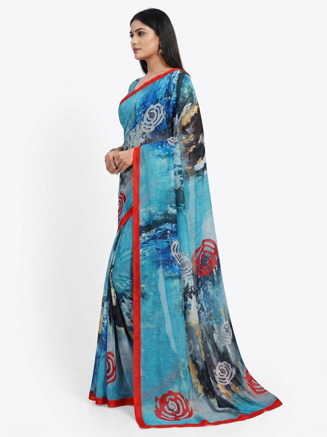 Blue Abstract Digital Printed Georgette Saree - Image 1