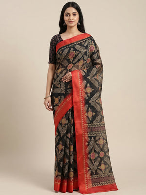 Black Floral Digital Printed Kota Doria Saree - Image 1
