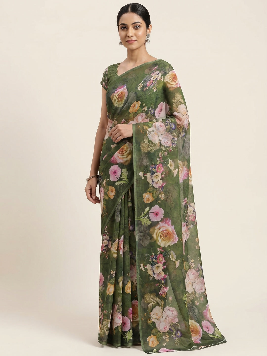 Green Floral Digital Printed Georgette Saree - Image 1