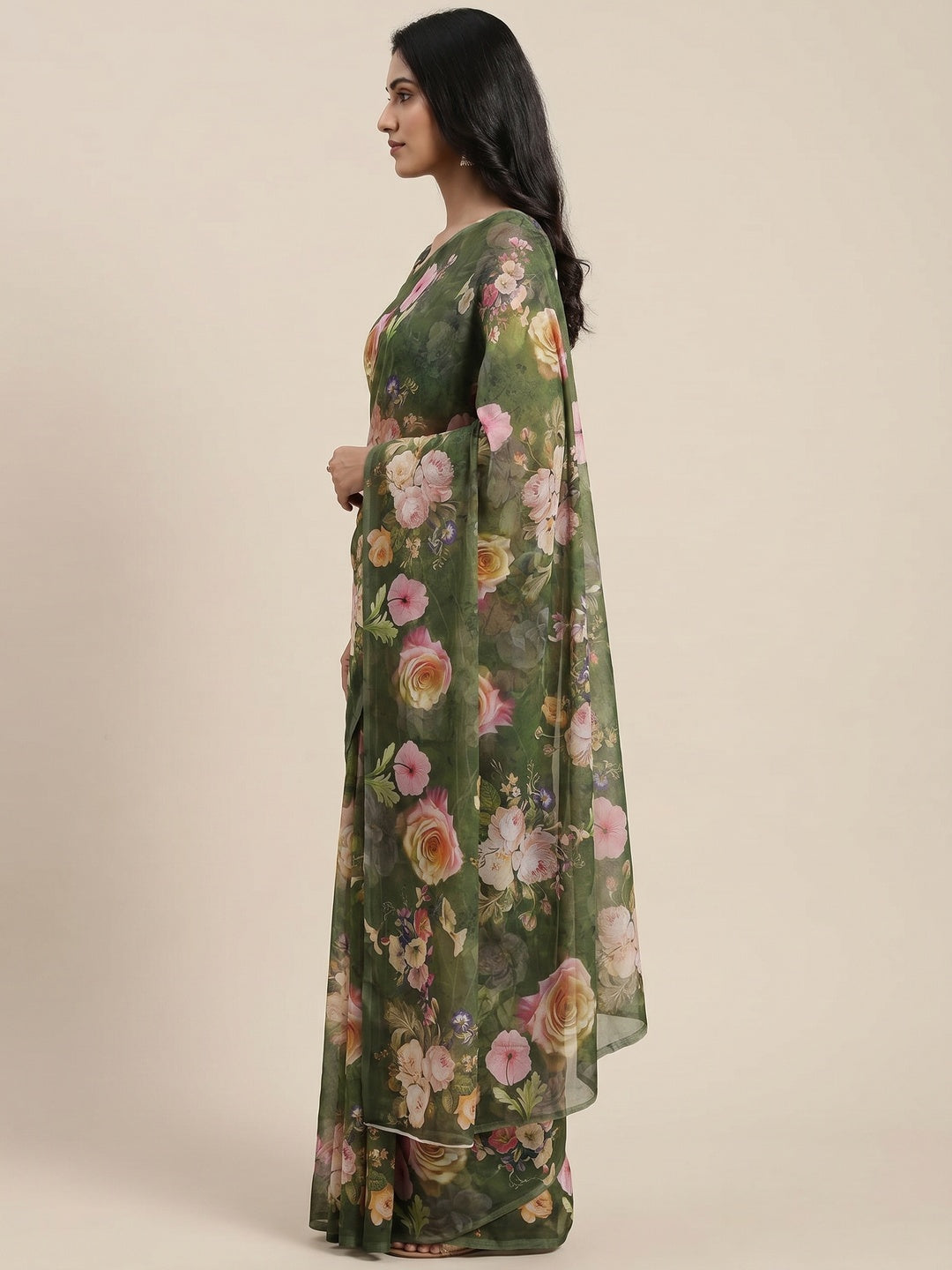 Green Floral Digital Printed Georgette Saree - Image 3