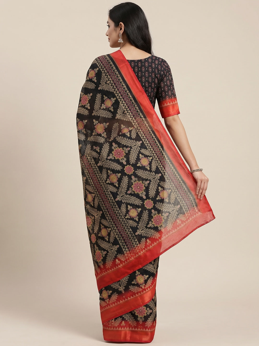 Black Floral Digital Printed Kota Doria Saree - Image 2