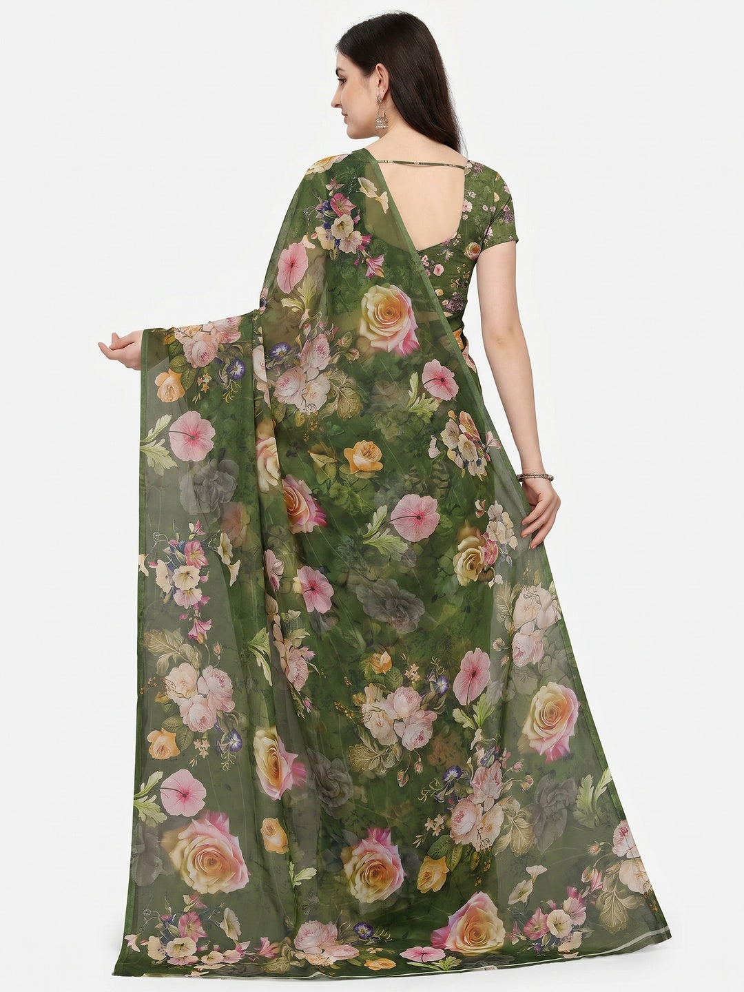Green Floral Digital Printed Georgette Saree - Image 2
