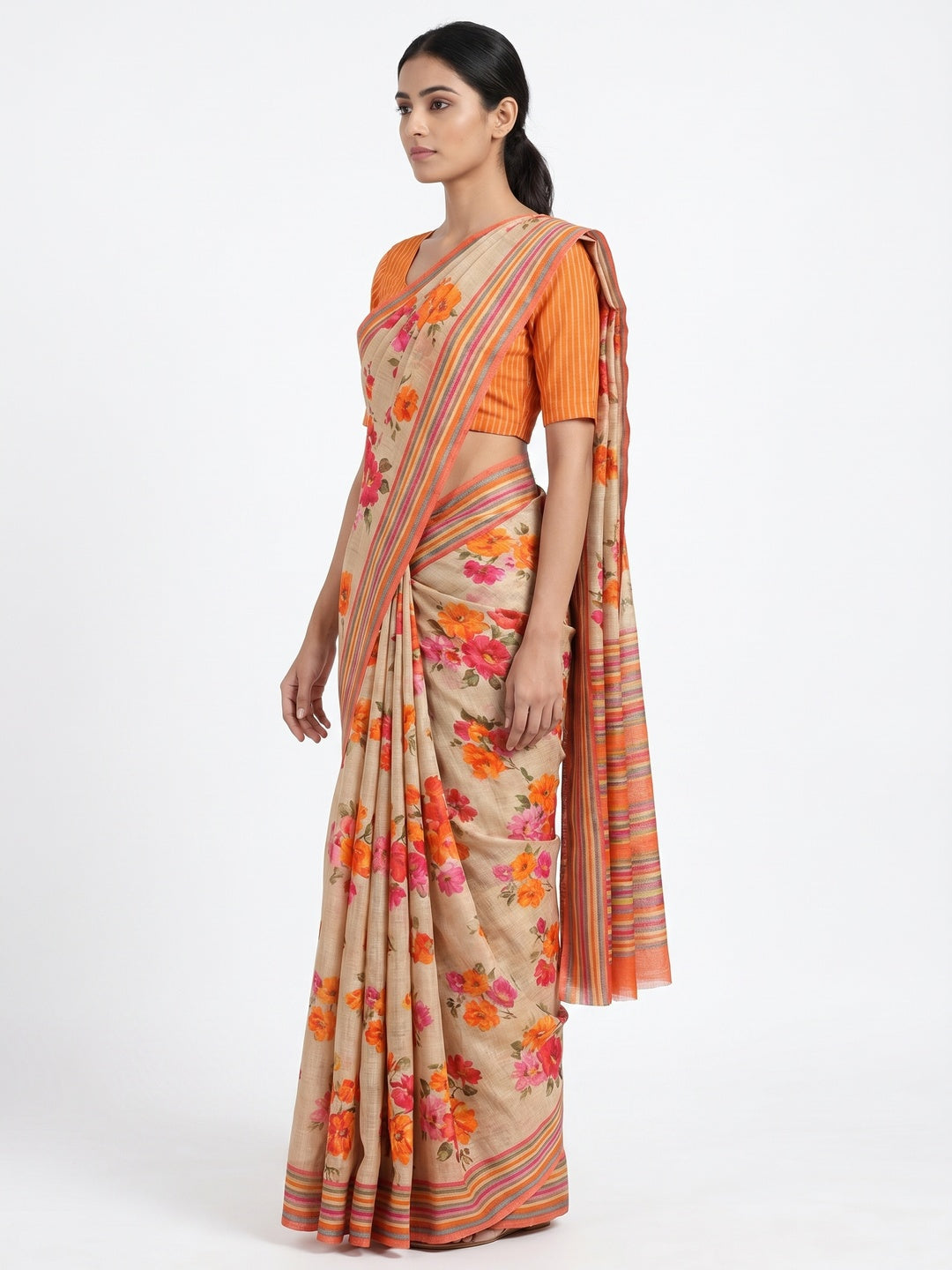 Brown Floral Printed Linen Saree - Image 3