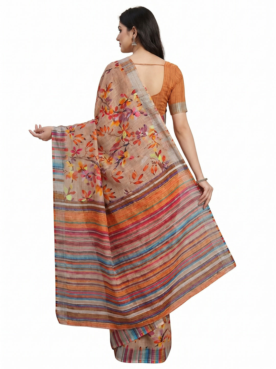Brown Floral Printed Linen Saree - Image 2