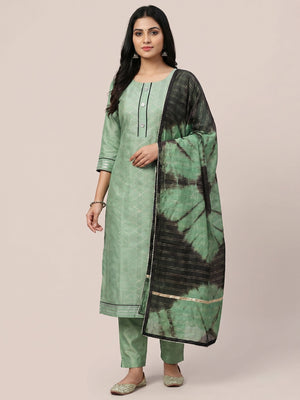 Green Checks Printed Chanderi Dress Material - Image 1
