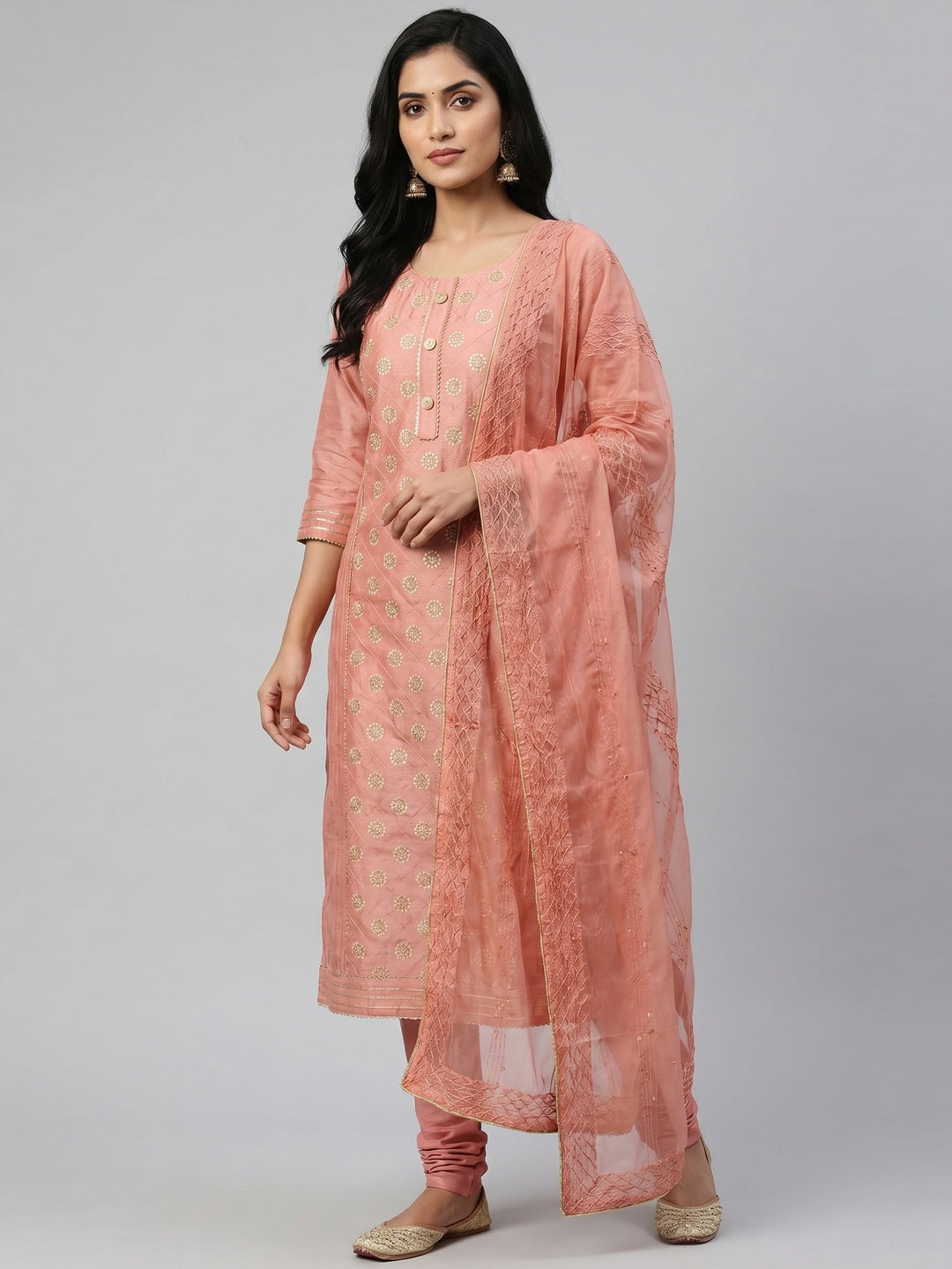 Peach Floral Embroidered With Gota Patti Chanderi Dress Material - Image 1