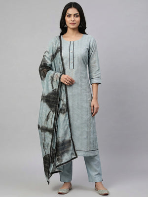 Blue Checks Printed Chanderi Dress Material - Image 1