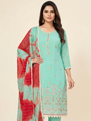 Blue Floral Embroidered Georgette Dress Material - Image 1