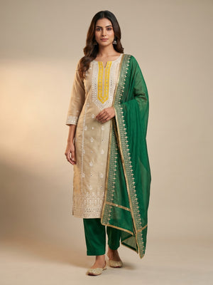 Green Embroidered With Mirror Work Chanderi Dress Material - Image 1