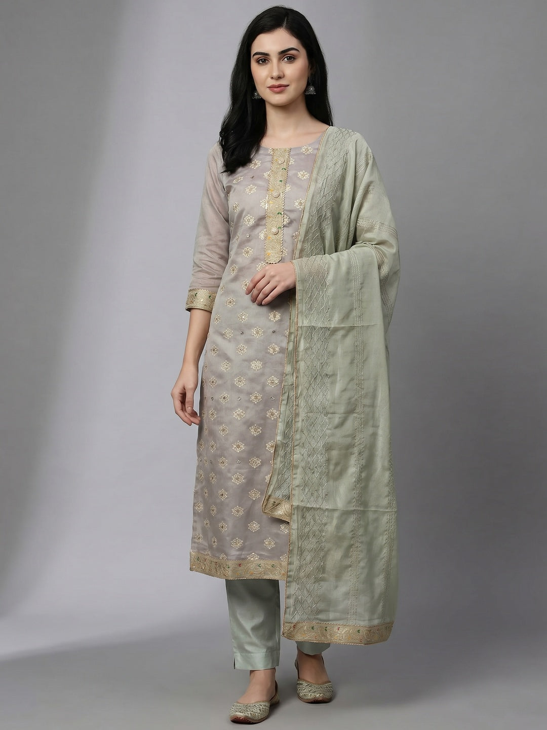Grey Embroidered With Mirror Work Chanderi Dress Material - Image 1