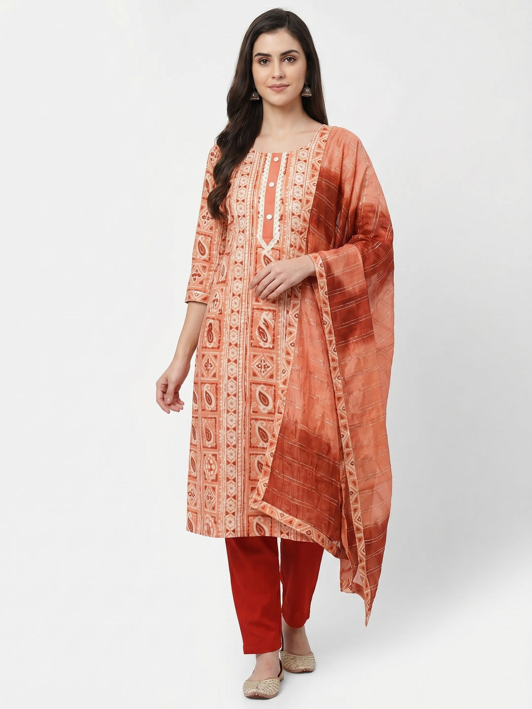 Dark Peach Floral Printed Pure Cotton Dress Material - Image 1