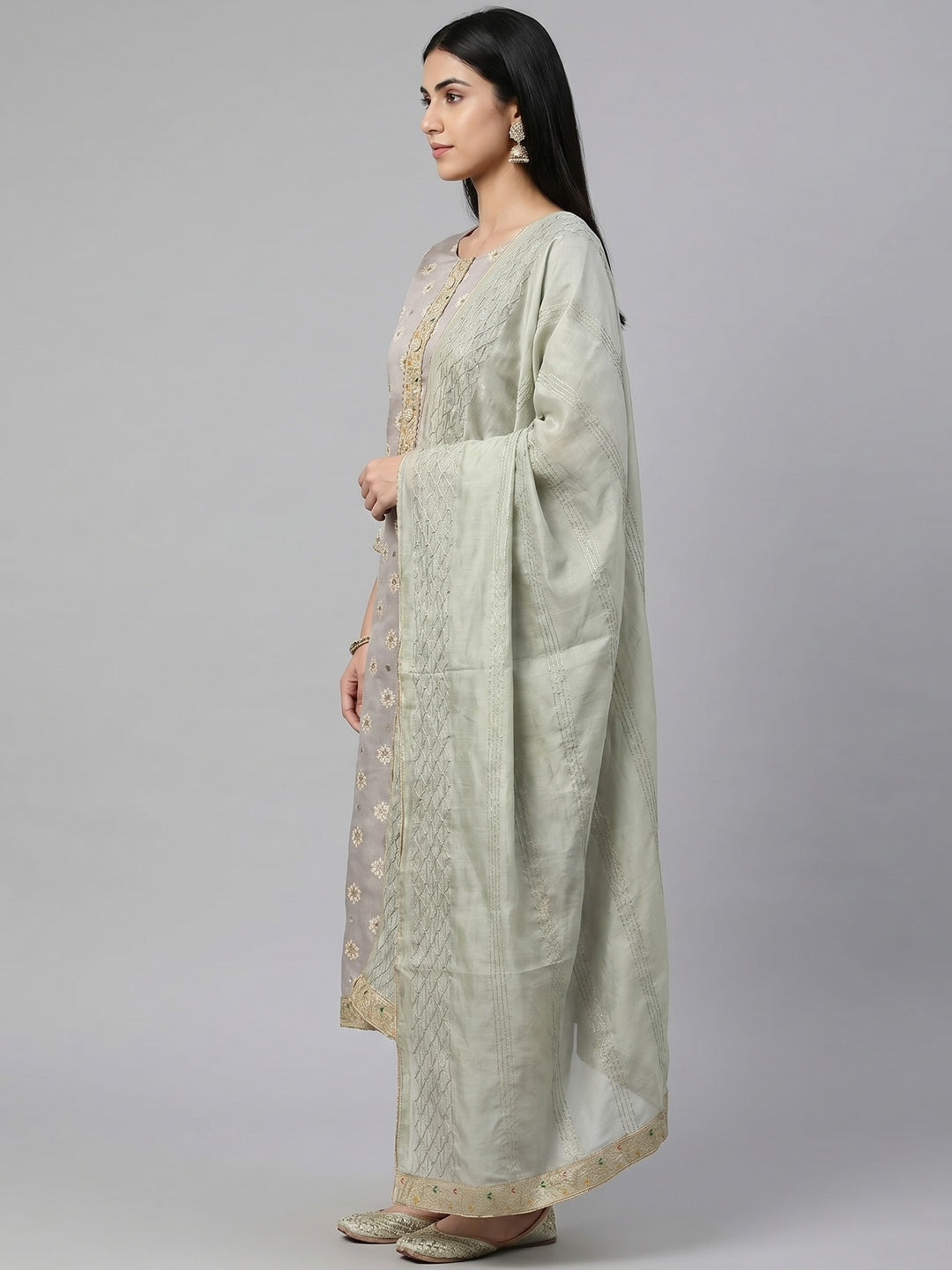 Grey Embroidered With Mirror Work Chanderi Dress Material - Image 3