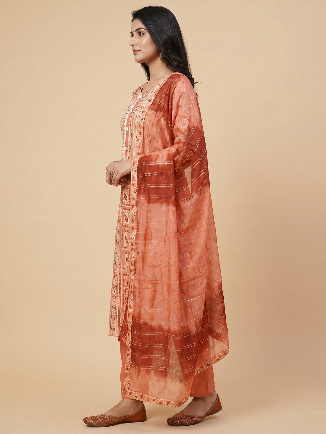 Dark Peach Floral Printed Pure Cotton Dress Material - Image 3