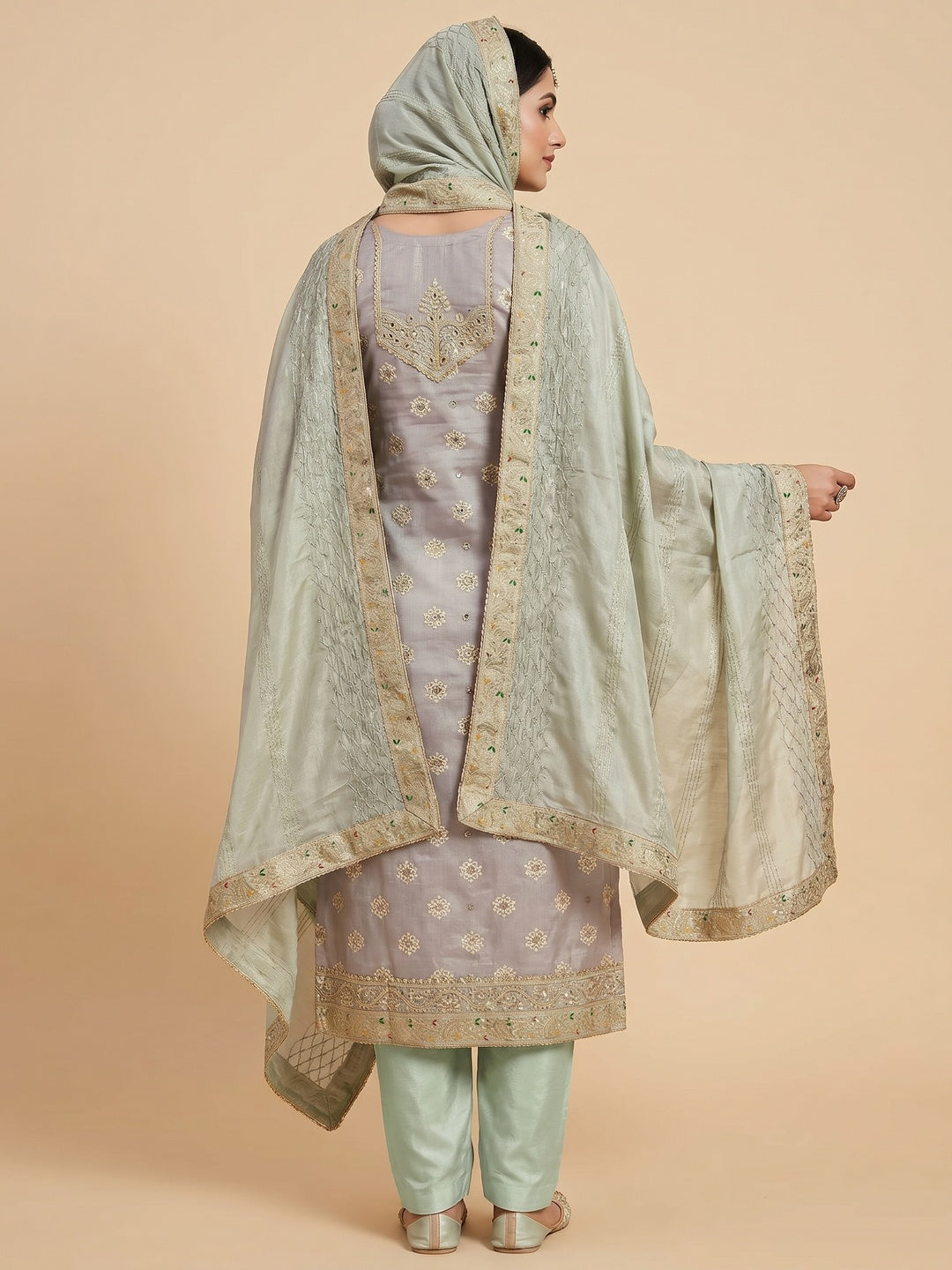 Grey Embroidered With Mirror Work Chanderi Dress Material - Image 2