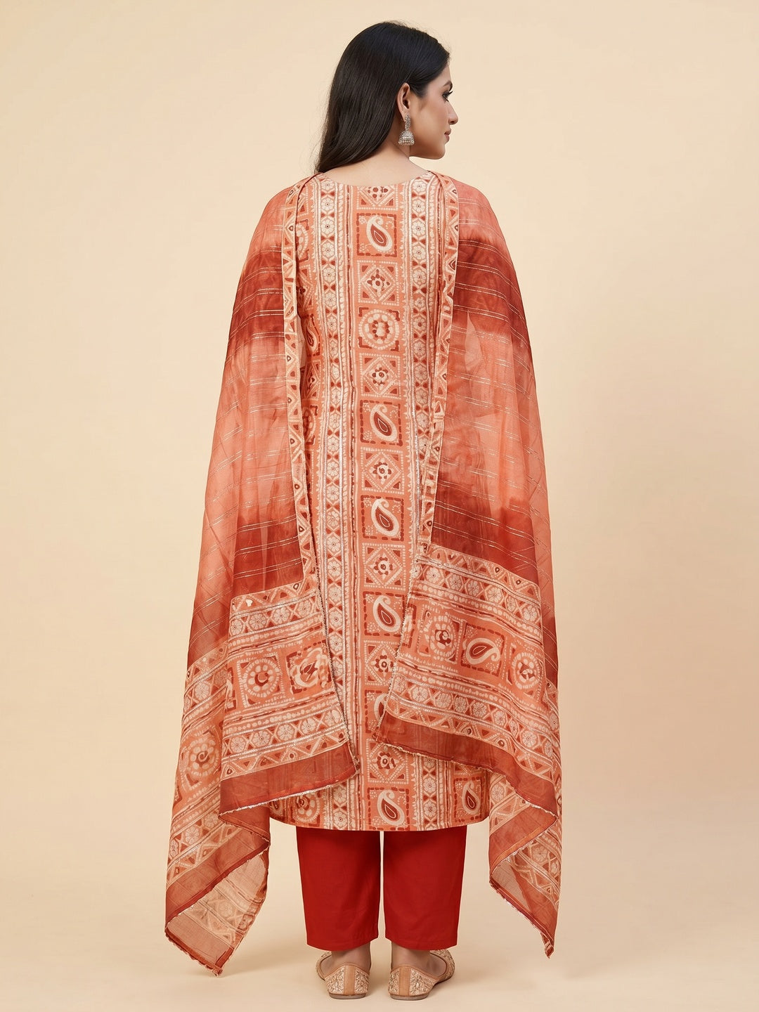 Dark Peach Floral Printed Pure Cotton Dress Material - Image 2