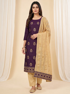 Wine Floral Embroidered Pure Silk Dress Material - Image 1