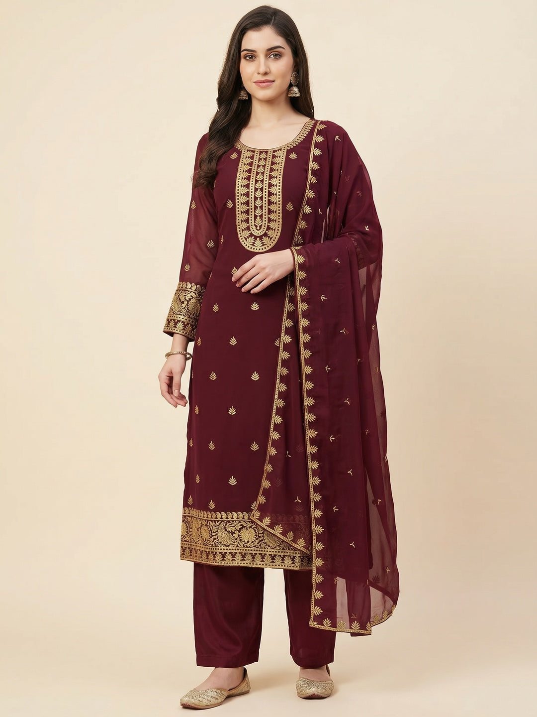 Maroon Floral Embroidered Georgette Dress Material - Image 1