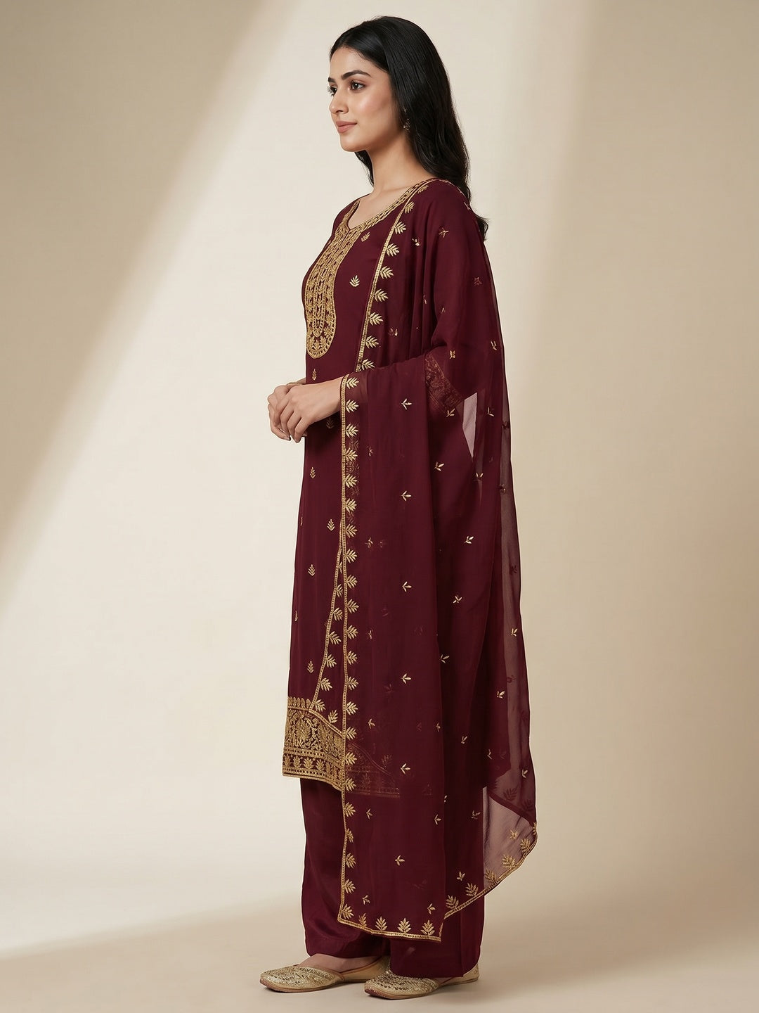 Maroon Floral Embroidered Georgette Dress Material - Image 2