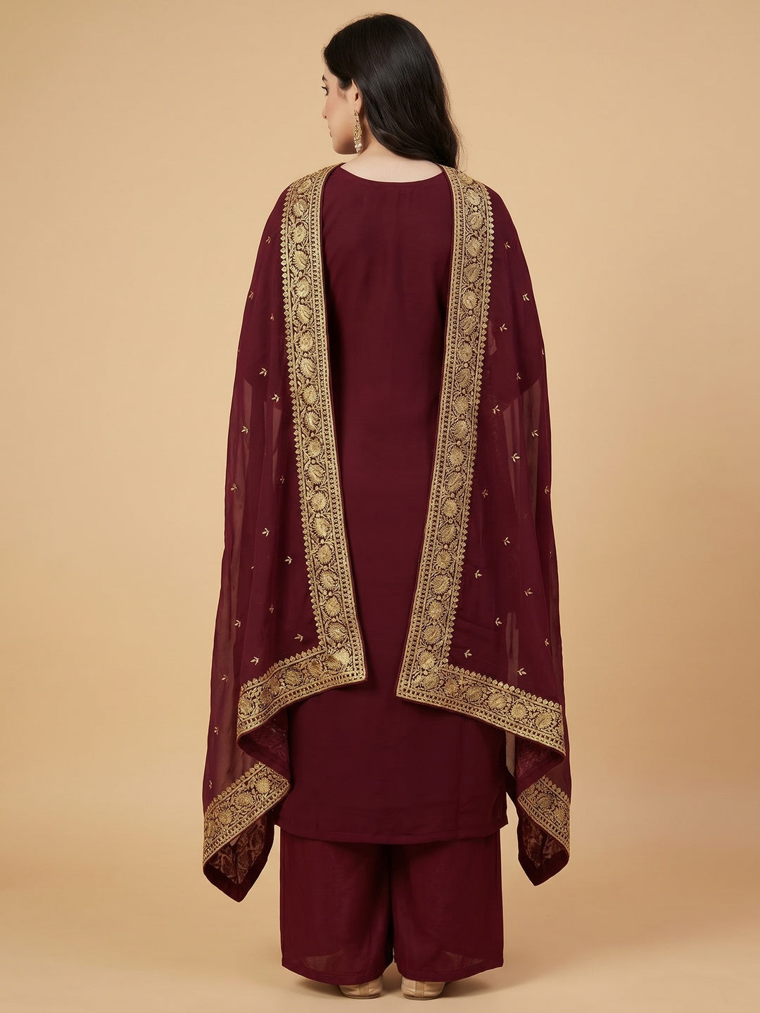 Maroon Floral Embroidered Georgette Dress Material - Image 3