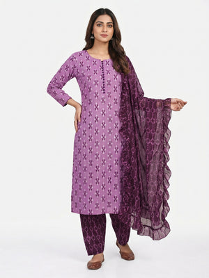 Wine Ikkat Printed Cotton Blend Dress Material - Image 1