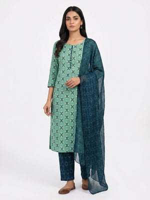 Rama Green Ikkat Printed Cotton Blend Dress Material - Image 1