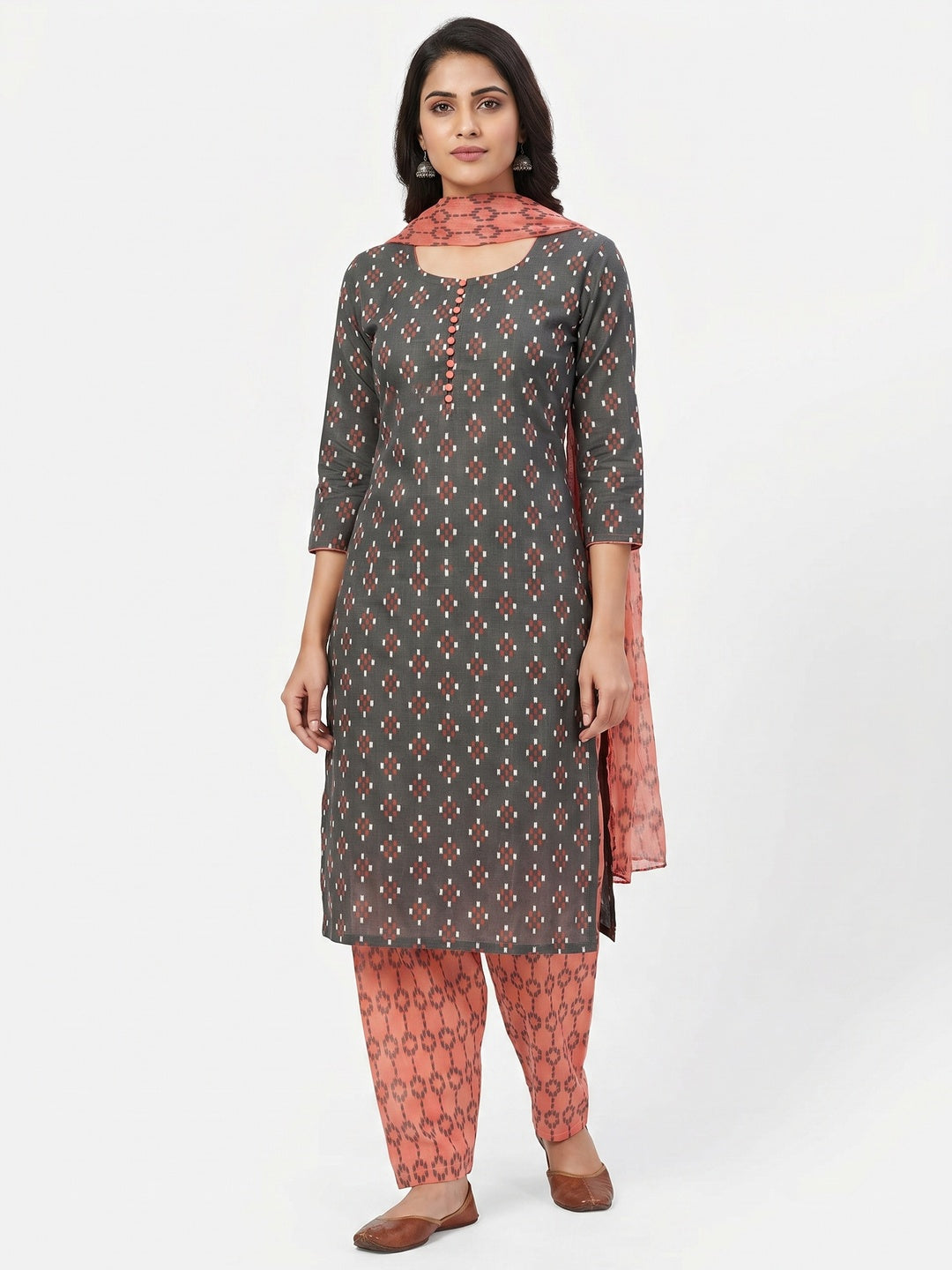 Grey Ikkat Printed Cotton Blend Dress Material - Image 2