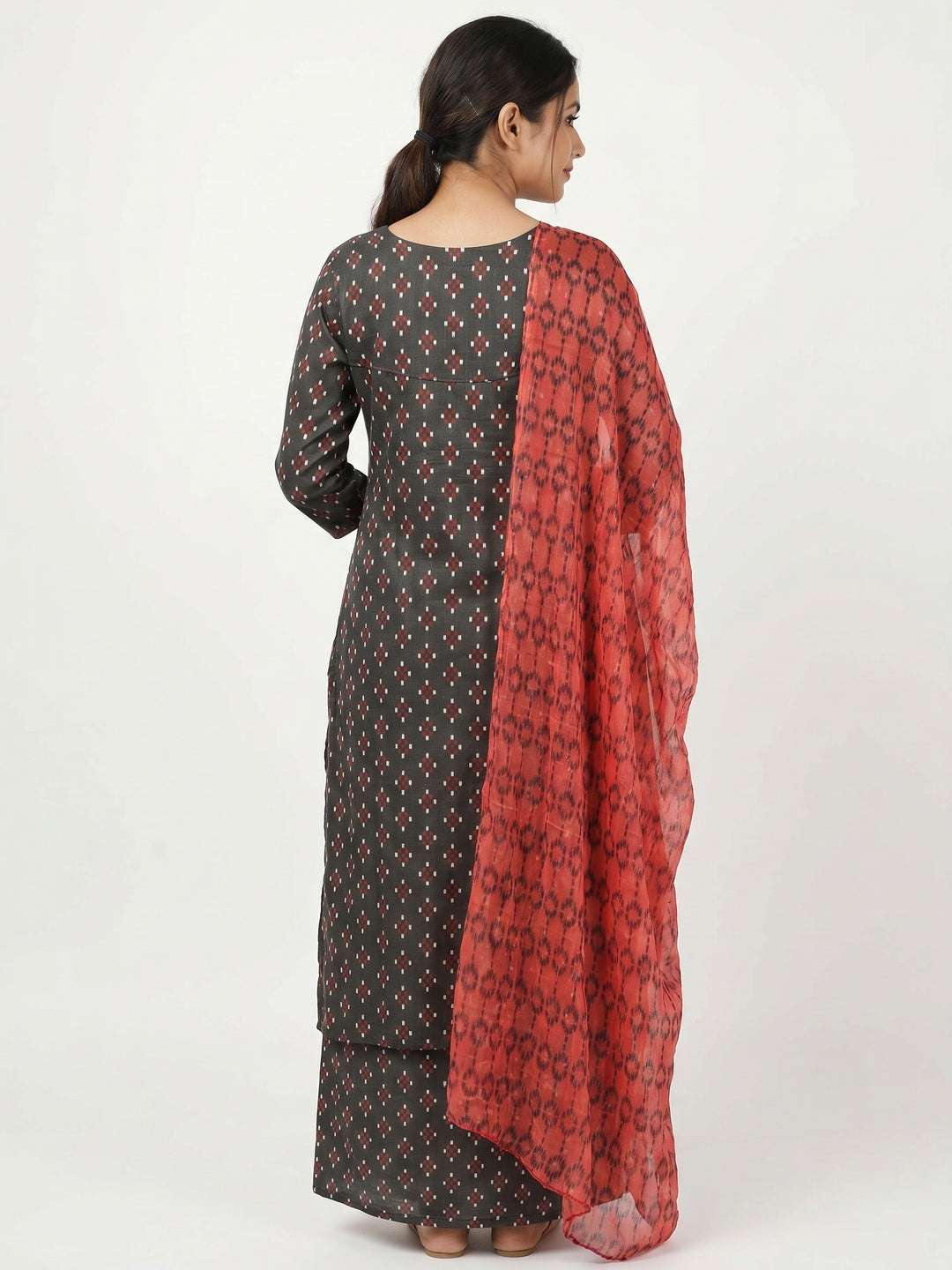 Grey Ikkat Printed Cotton Blend Dress Material - Image 1