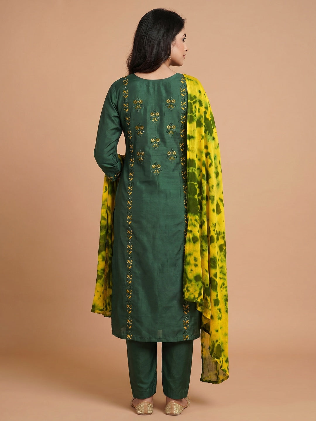 Green Floral Embroidered Pure Silk Dress Material - Image 2
