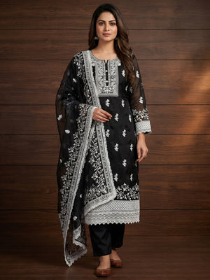Black Floral Embroidered Organza Dress Material - Image 1