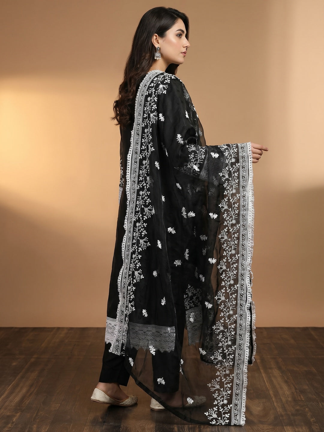 Black Floral Embroidered Organza Dress Material - Image 3