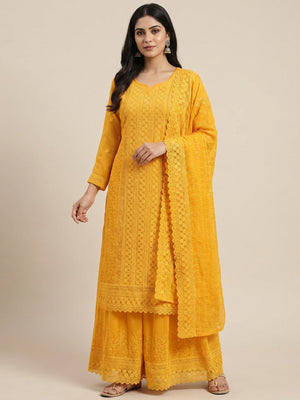 Yellow Festive Wear Lucknowi Embroidered Georgette Suit - Image 1