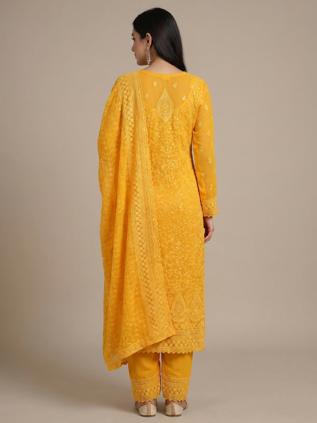 Yellow Festive Wear Lucknowi Embroidered Georgette Suit - Image 2