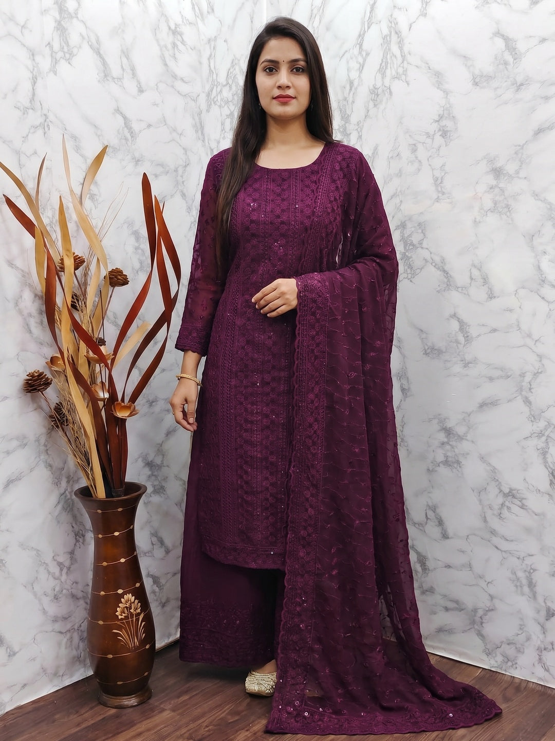 Wine Festive Wear Lucknowi Embroidered Georgette Suit - Image 1