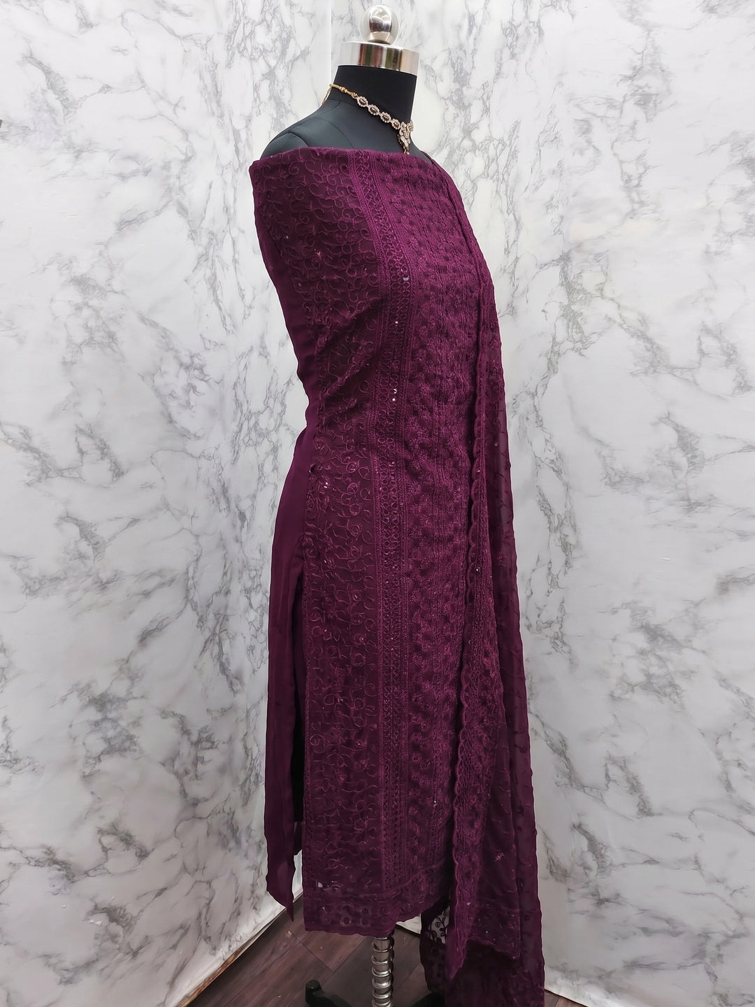 Wine Festive Wear Lucknowi Embroidered Georgette Suit - Image 2