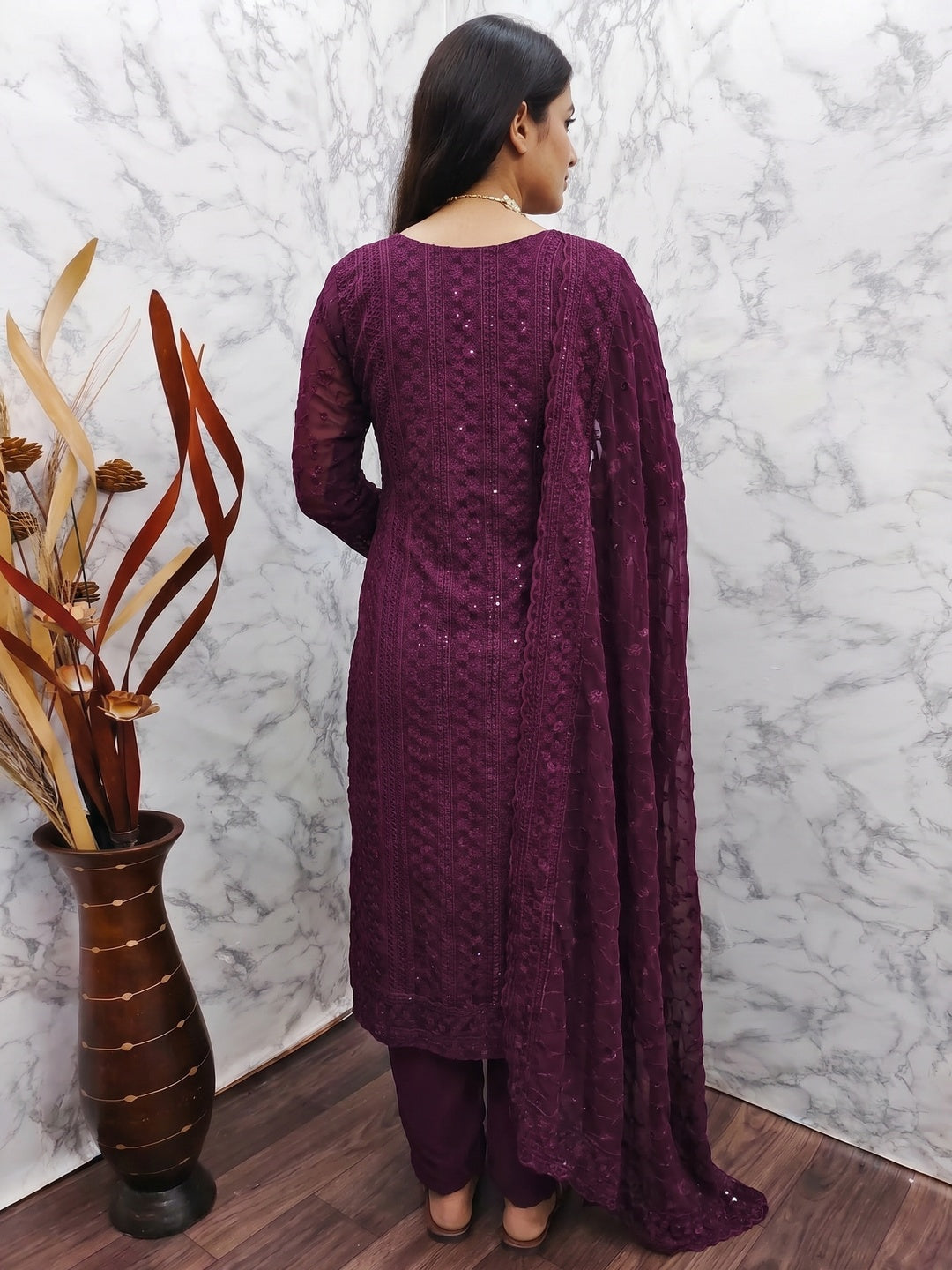 Wine Festive Wear Lucknowi Embroidered Georgette Suit - Image 3