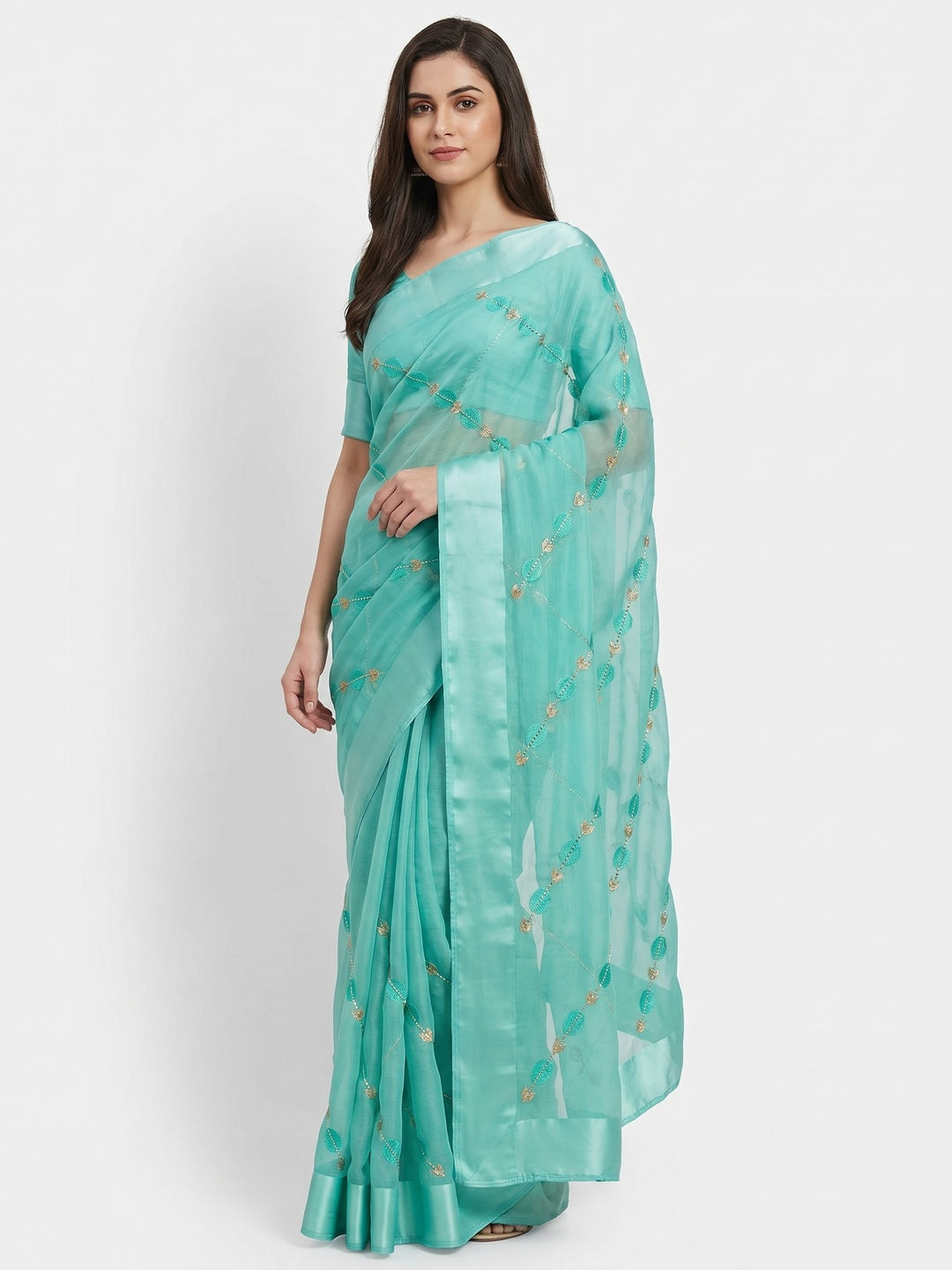 Turquoise  Embroidered Chiffon Saree - Image 1