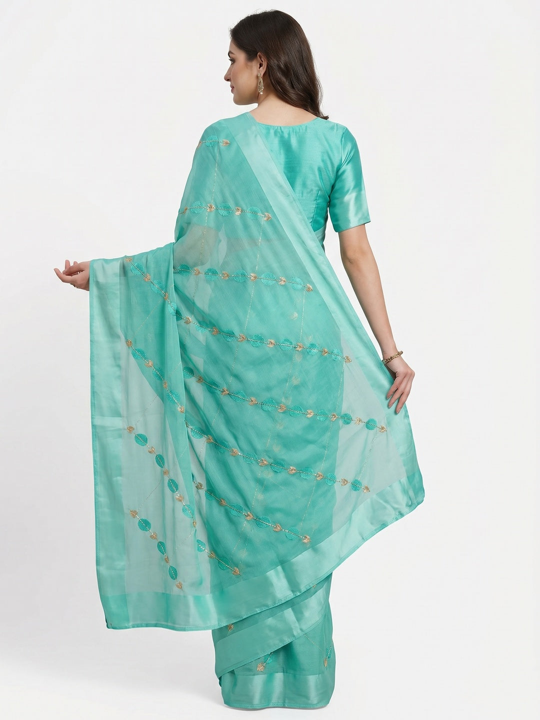 Turquoise  Embroidered Chiffon Saree - Image 2