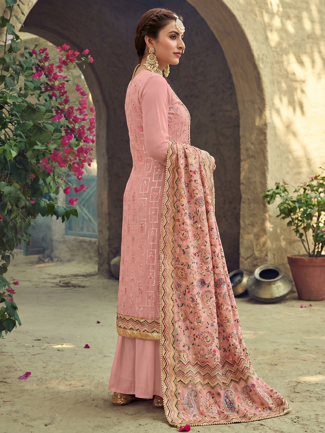 Elegant Pink Georgette Unstitched Dress Material with Embroidered Dupatta - Image 1