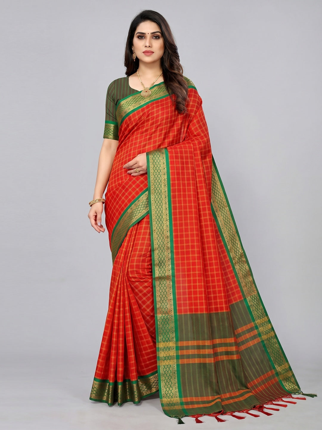 Red Festive Wear Checks With Woven Border Cotton Silk Saree - Image 1